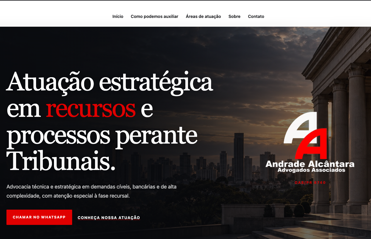 Site Andrade Alcântara, exemplo de projeto da 3X Sites