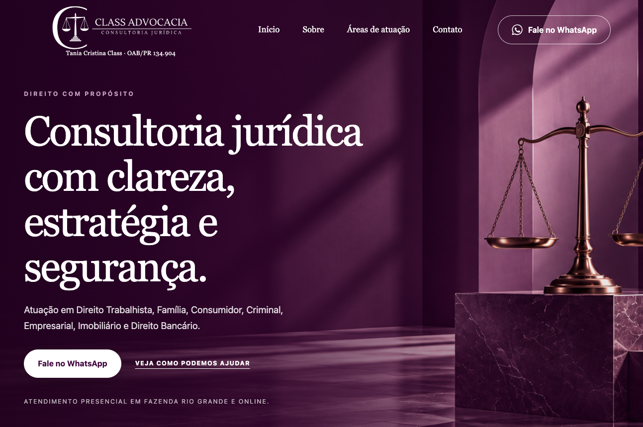 Site Class Advocacia, exemplo de projeto da 3X Sites