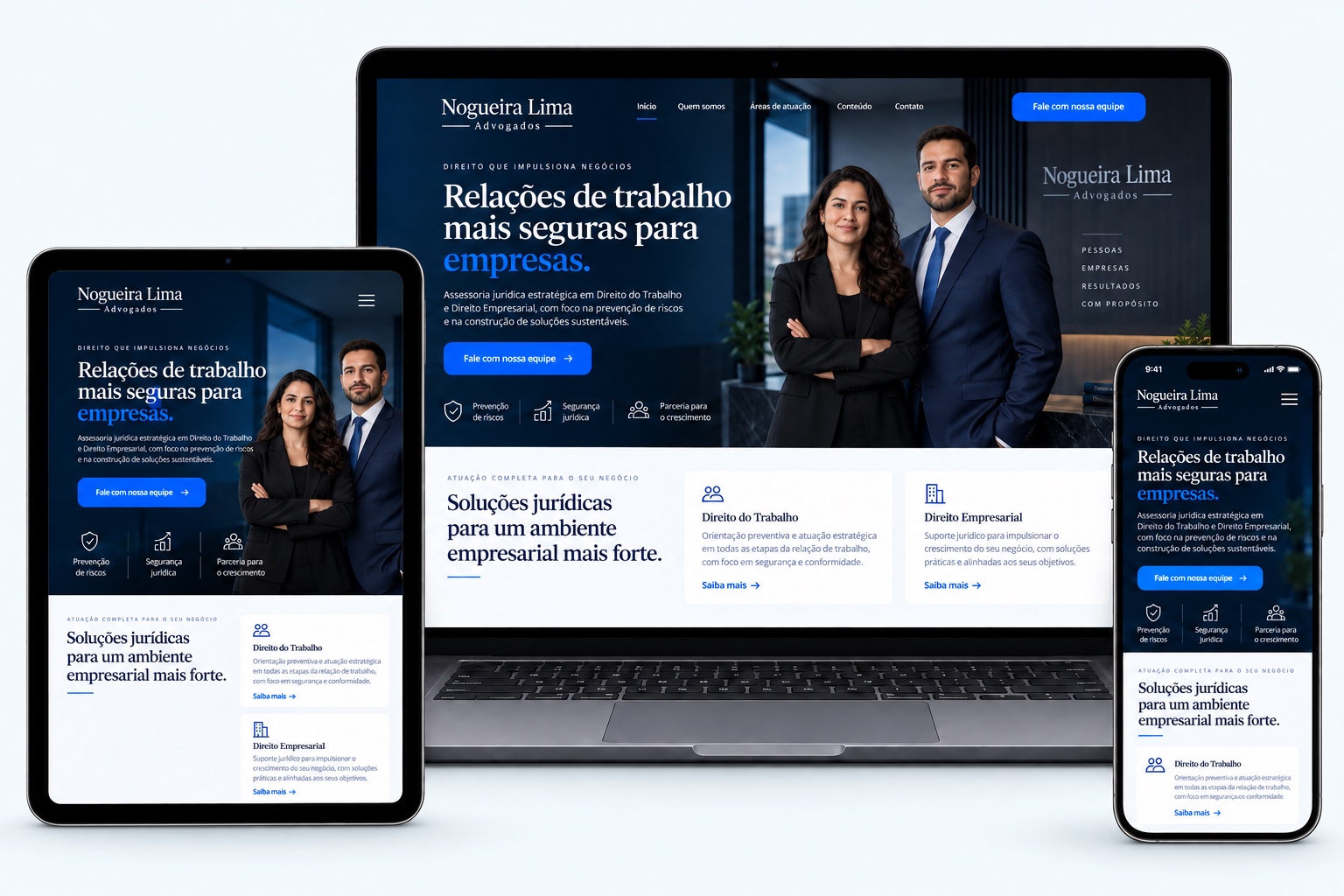 O mesmo site jurídico adaptado em notebook, tablet e celular